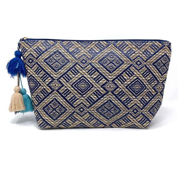 Weaved Wallet Bag Purse Boho Blue Cream Ivory - Picture 2 of 6